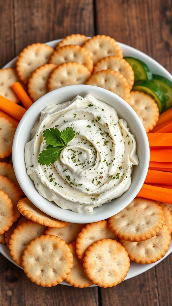 Cream cheese spread with herbs and garlic in a bowl, surrounded by crackers and vegetable sticks on a wooden table.